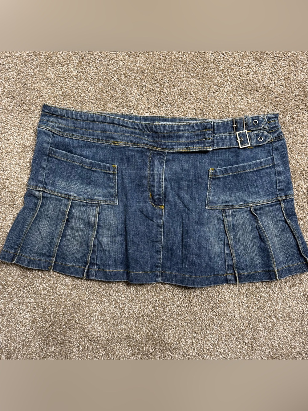 Denim Mini Skirt with Pleated Details and Buckle Accents